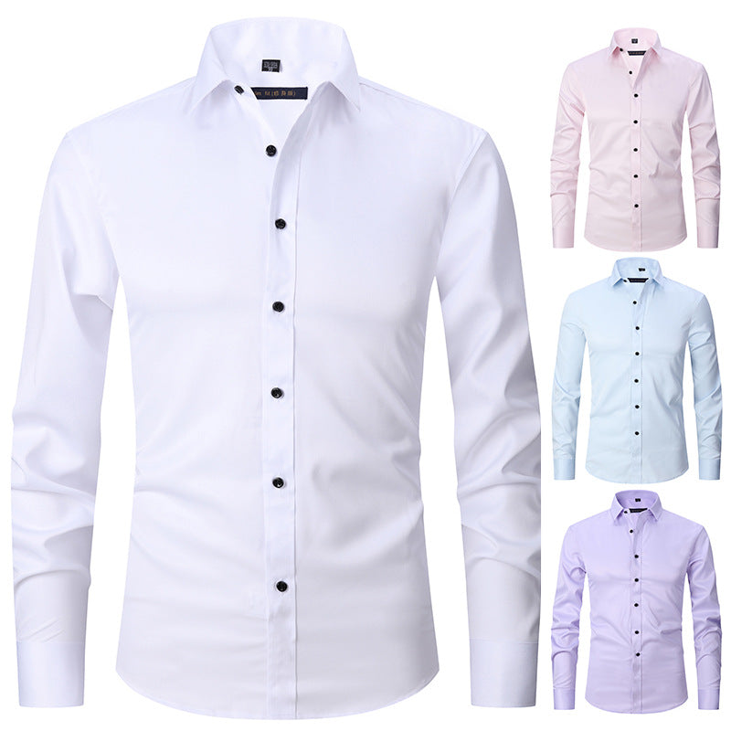 Stretch Shirt Men's Long-sleeved Thin Cross-border Men's Fashion Men's Shirts Youth Men's Tops Slim Solid Color Inch