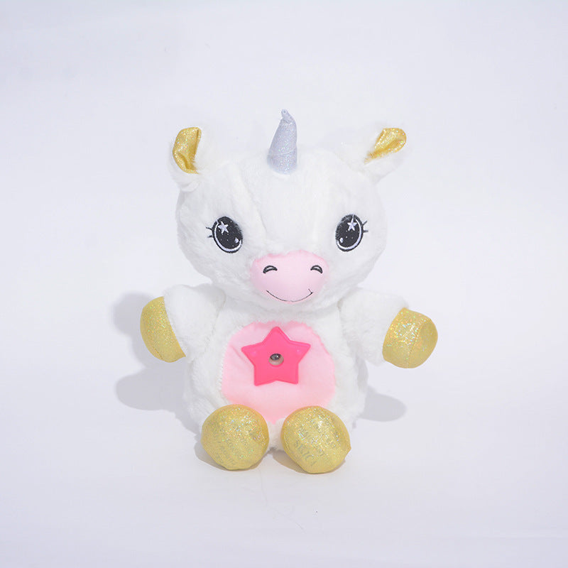 Cross border children's cartoon plush action figure sleeping light music unicorn animal doll starry sky projection light