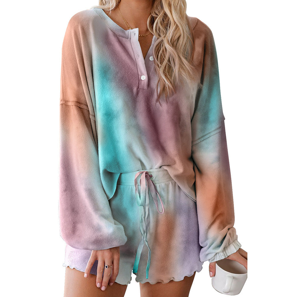 Summer 2021 European and American tie-dye home wear women amazon hot casual printed long sleeve pajamas 2 sets