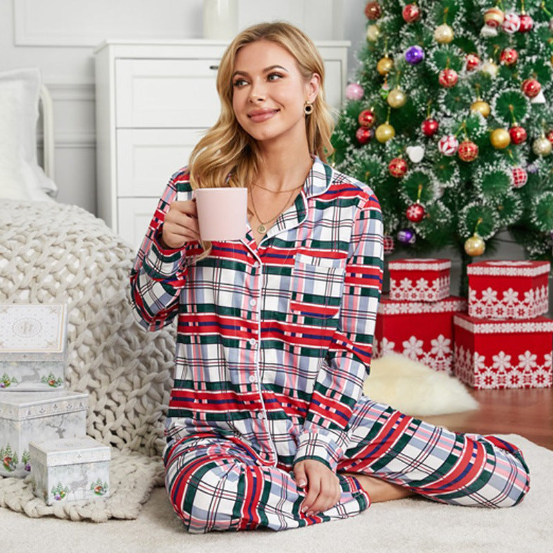 Shiying cross border autumn and winter new Santa Red stripe home dress women long sleeve pants pajamas 2 sets 451338