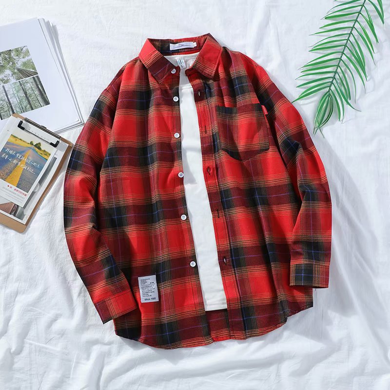 Japanese Ins Plaid Shirt Men's Loose Hong Kong Style Chic Students Harajuku Trend Shirt Jacket Thin Long Sleeves