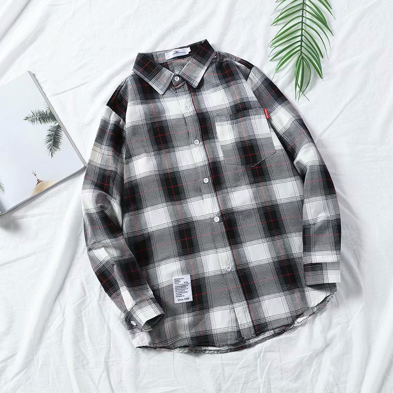 Japanese Ins Plaid Shirt Men's Loose Hong Kong Style Chic Students Harajuku Trend Shirt Jacket Thin Long Sleeves