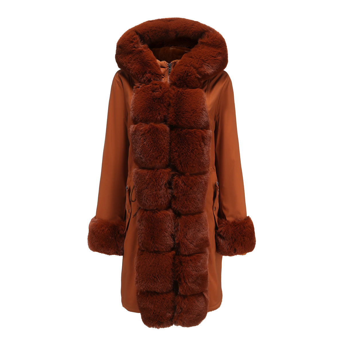 2022 Winter New Cotton Coat Women's Detachable Fur Collar Mid-length Long-sleeved Pie To Overcome Solid Color Hooded Warm Cotton Coat