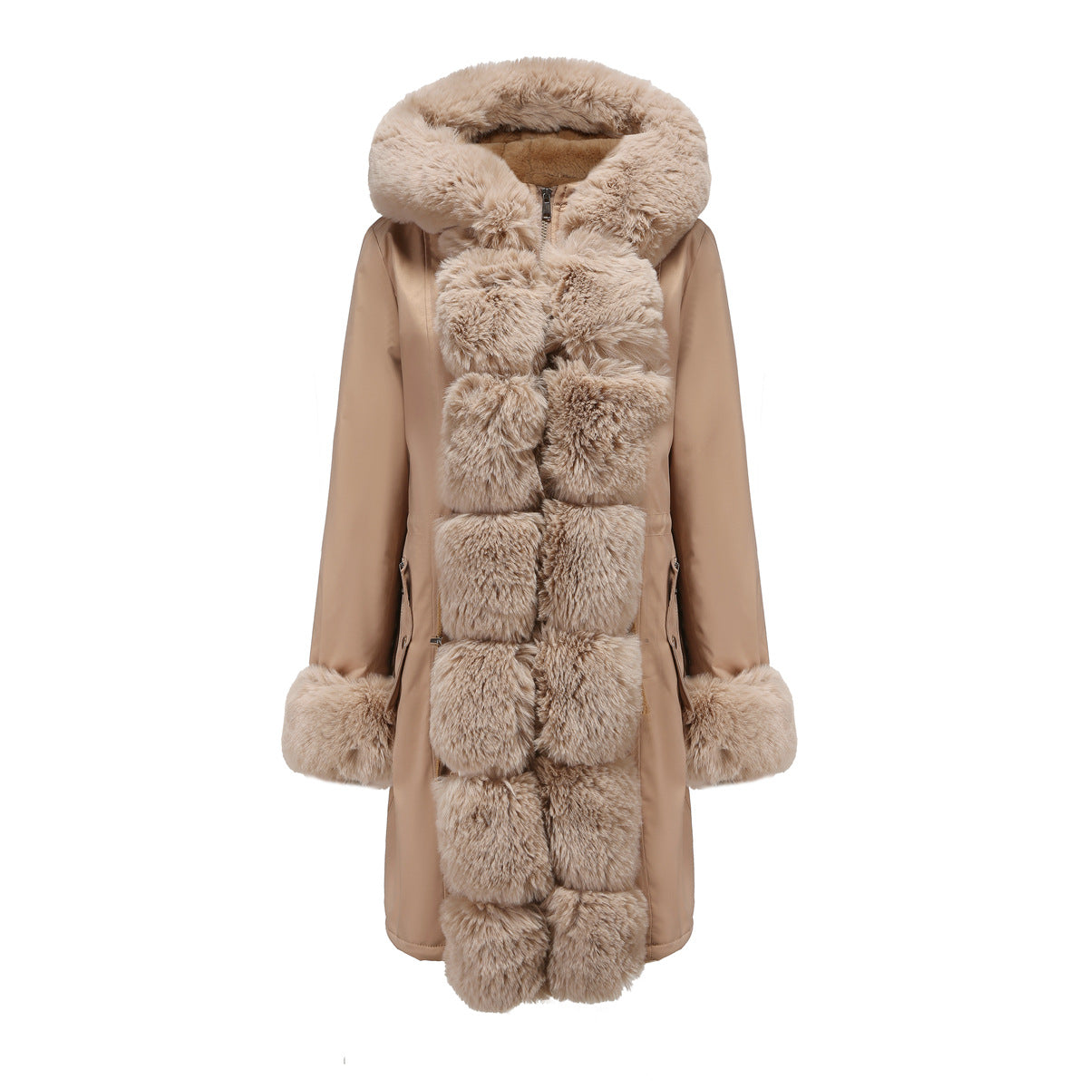 2022 Winter New Cotton Coat Women's Detachable Fur Collar Mid-length Long-sleeved Pie To Overcome Solid Color Hooded Warm Cotton Coat