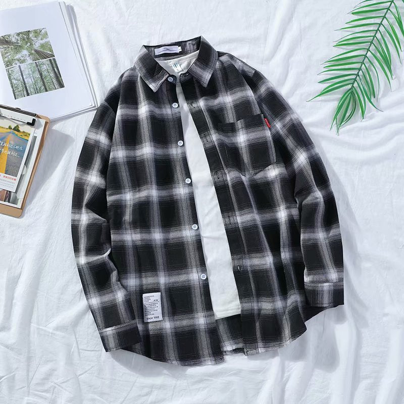 Japanese Ins Plaid Shirt Men's Loose Hong Kong Style Chic Students Harajuku Trend Shirt Jacket Thin Long Sleeves