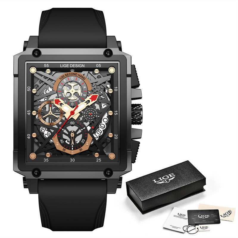 LIGE/LIGE Cross-border New Men's Watch Square Multi-function Chronograph 30M Waterproof Watch