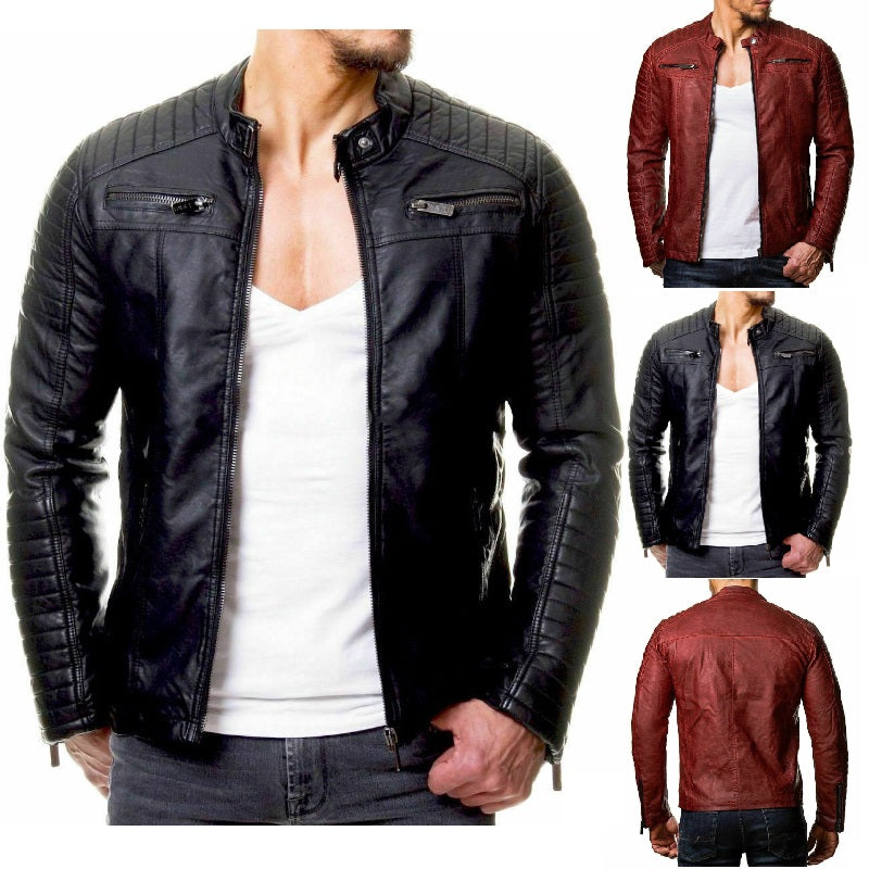 Men's Leather Jackets Stand Collar Zipper Cardigan Jacket Leather Jacket