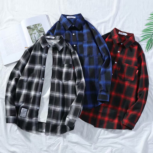 Japanese Ins Plaid Shirt Men's Loose Hong Kong Style Chic Students Harajuku Trend Shirt Jacket Thin Long Sleeves