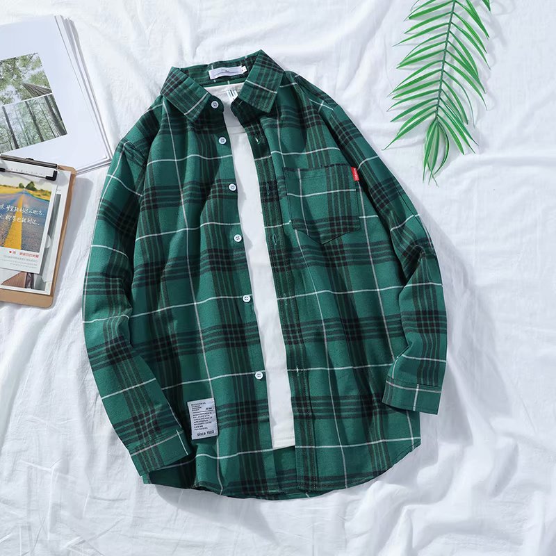 Japanese Ins Plaid Shirt Men's Loose Hong Kong Style Chic Students Harajuku Trend Shirt Jacket Thin Long Sleeves