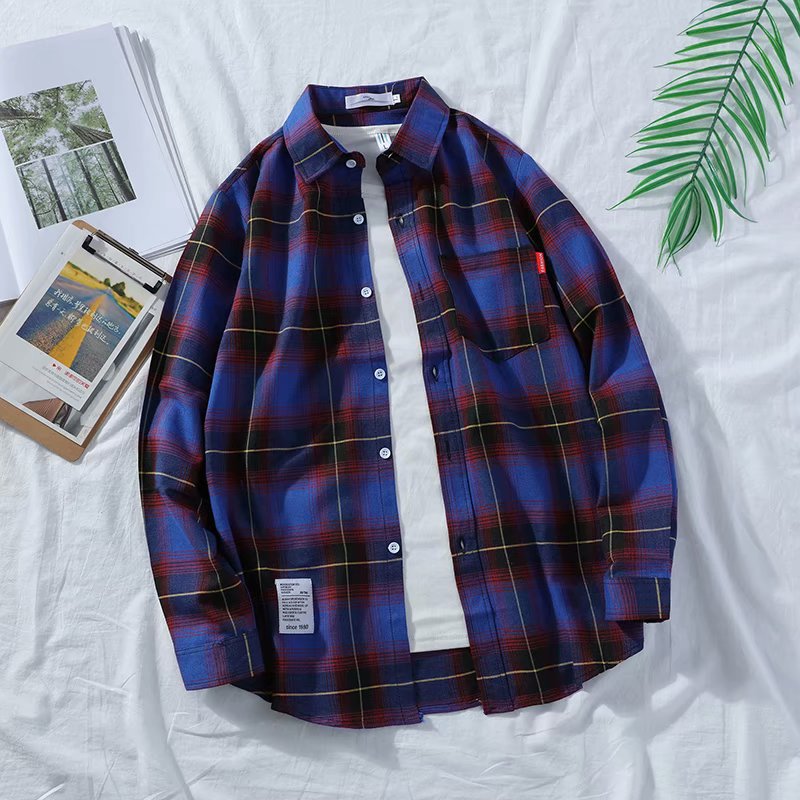 Japanese Ins Plaid Shirt Men's Loose Hong Kong Style Chic Students Harajuku Trend Shirt Jacket Thin Long Sleeves