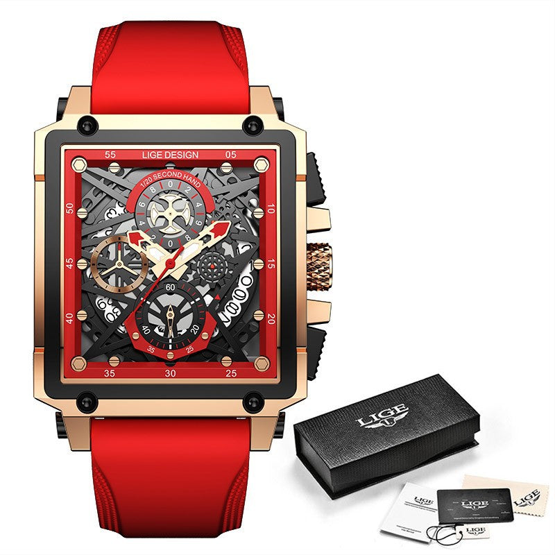 LIGE/LIGE Cross-border New Men's Watch Square Multi-function Chronograph 30M Waterproof Watch