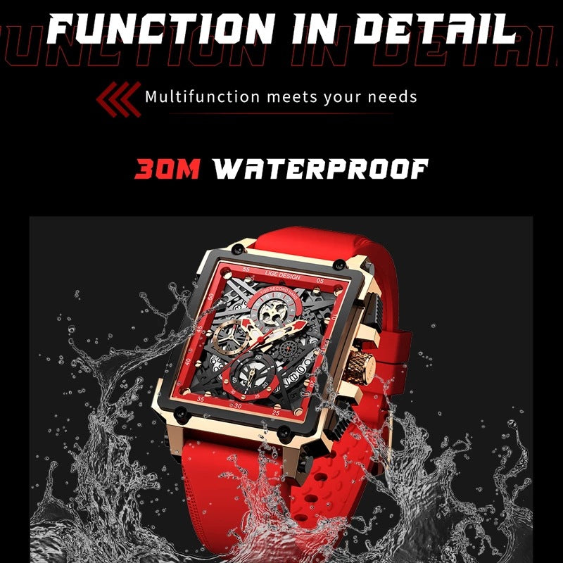 LIGE/LIGE Cross-border New Men's Watch Square Multi-function Chronograph 30M Waterproof Watch