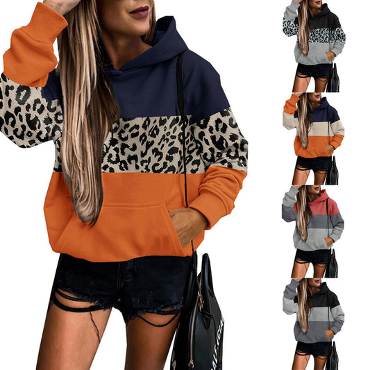 2022 Women's New Leopard Print Stitching Hooded Winter Casual All-match Color Matching Sweater