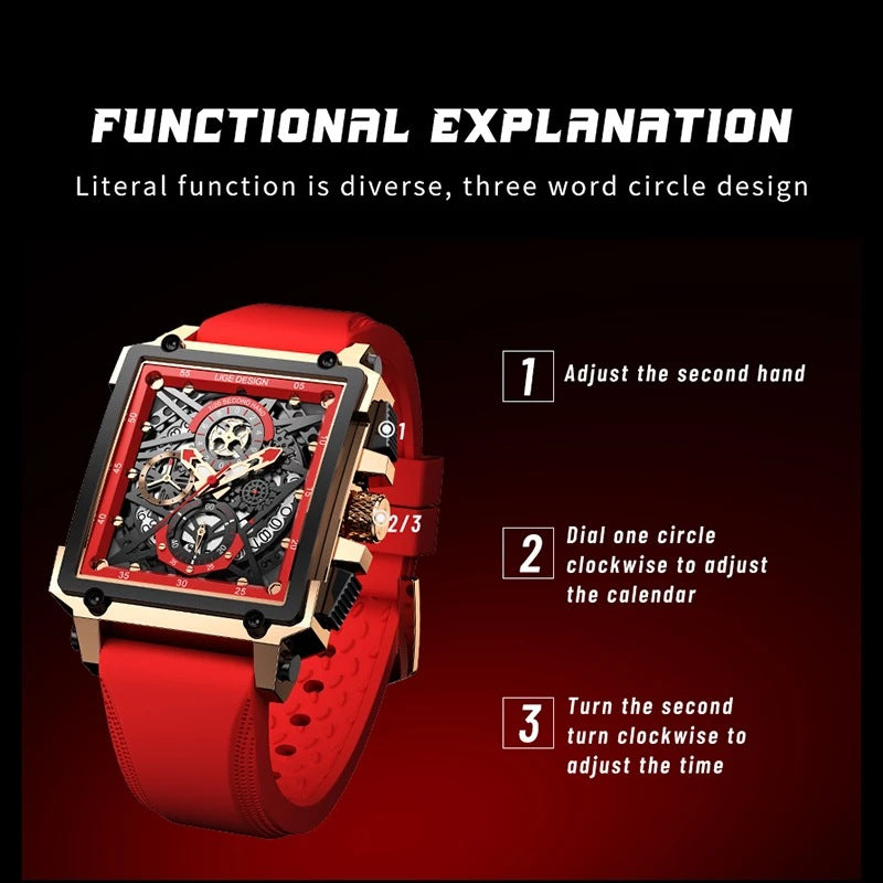 LIGE/LIGE Cross-border New Men's Watch Square Multi-function Chronograph 30M Waterproof Watch