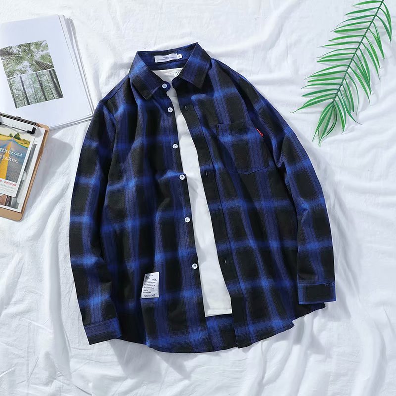 Japanese Ins Plaid Shirt Men's Loose Hong Kong Style Chic Students Harajuku Trend Shirt Jacket Thin Long Sleeves