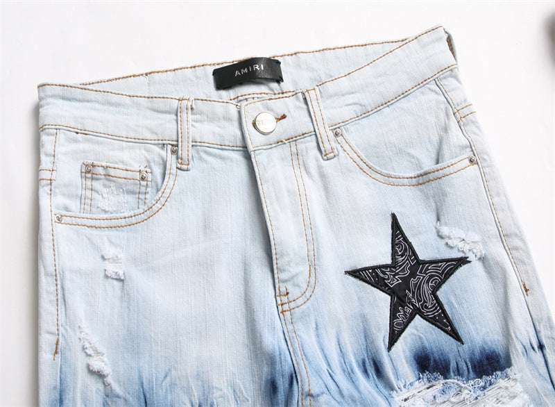 Men's Jeans Hole Embroidery Five-pointed Star Trend Elastic Slim-fit Pencil Pants All-match Men's Pants