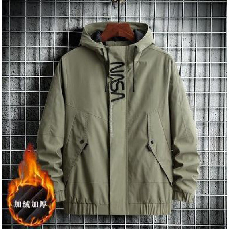 Autumn And Winter Casual Hooded Jacket Jacket Men's Korean Style Trendy Jacket Charge Jacket Plus Velvet Large Size Tooling Top