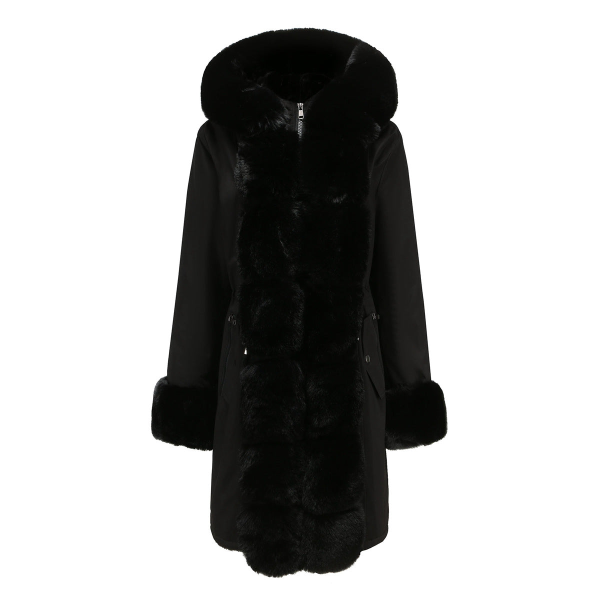 2022 Winter New Cotton Coat Women's Detachable Fur Collar Mid-length Long-sleeved Pie To Overcome Solid Color Hooded Warm Cotton Coat