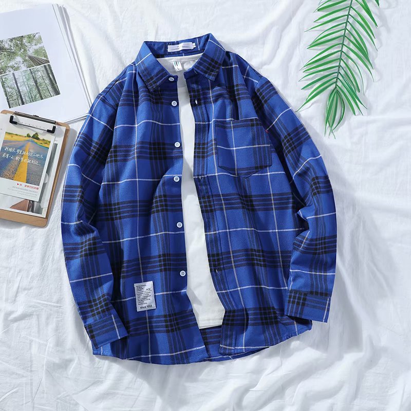 Japanese Ins Plaid Shirt Men's Loose Hong Kong Style Chic Students Harajuku Trend Shirt Jacket Thin Long Sleeves