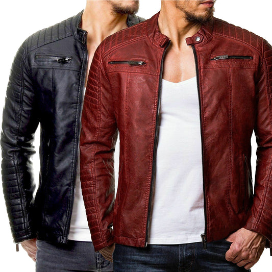 Men's Leather Jackets Stand Collar Zipper Cardigan Jacket Leather Jacket