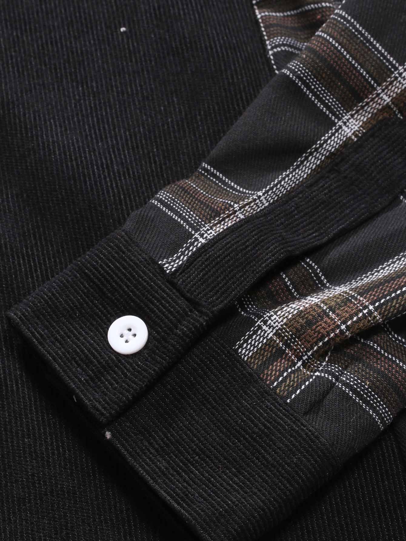 2021 Foreign Trade Autumn And Winter New Corduroy Plaid Stitching Long-sleeved Shirt Men's Amazon Men's European Size Shirt Men