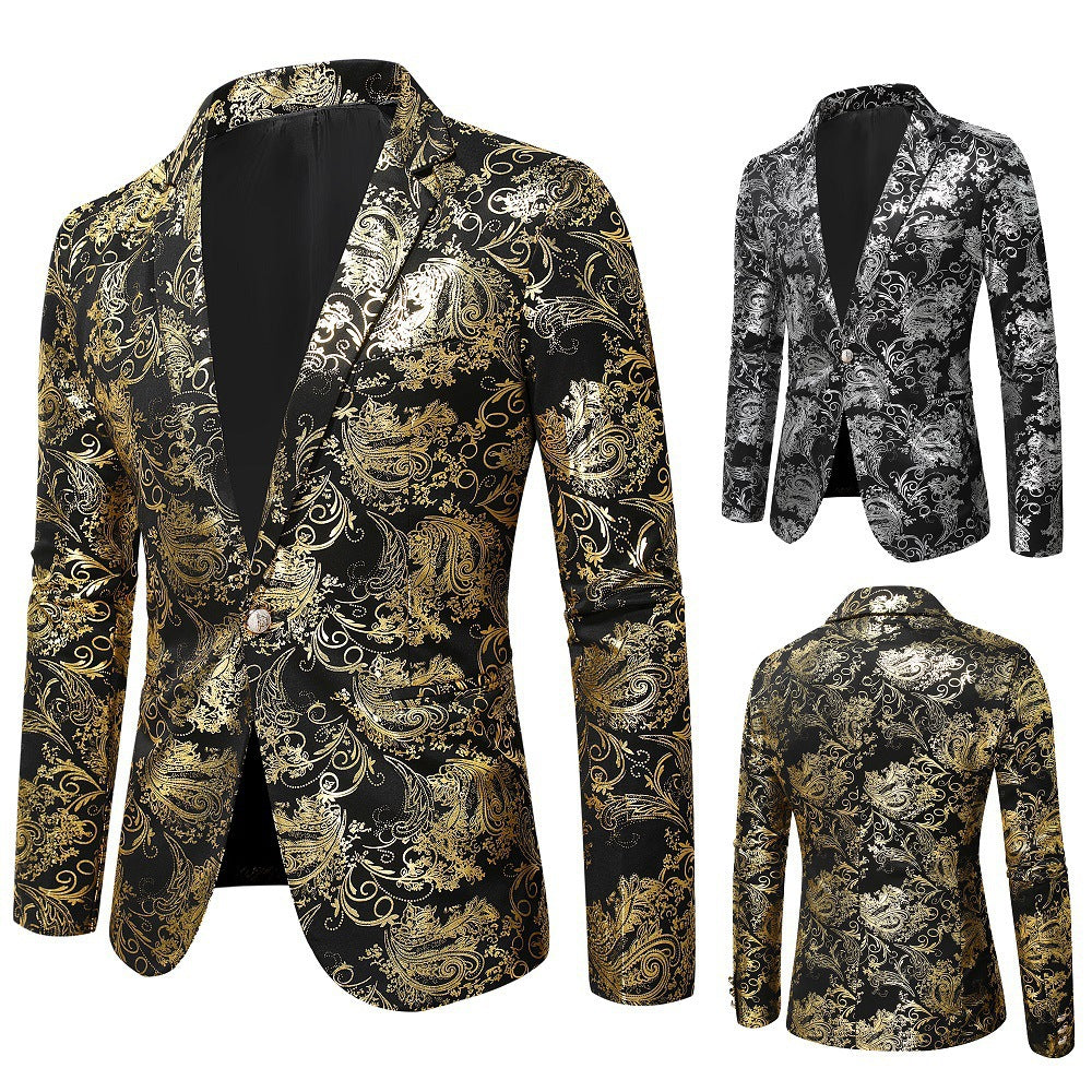 Men's Korean Version Of The Self-cultivation One-button Bronzing Printing Suit Dress Costume Jacket