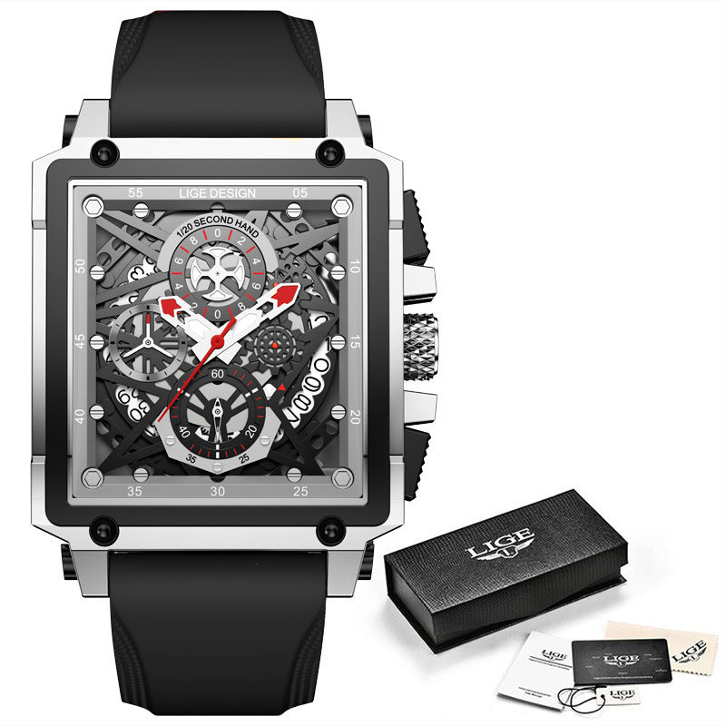 LIGE/LIGE Cross-border New Men's Watch Square Multi-function Chronograph 30M Waterproof Watch