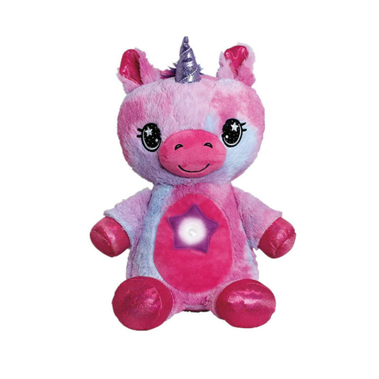 Cross border children's cartoon plush action figure sleeping light music unicorn animal doll starry sky projection light